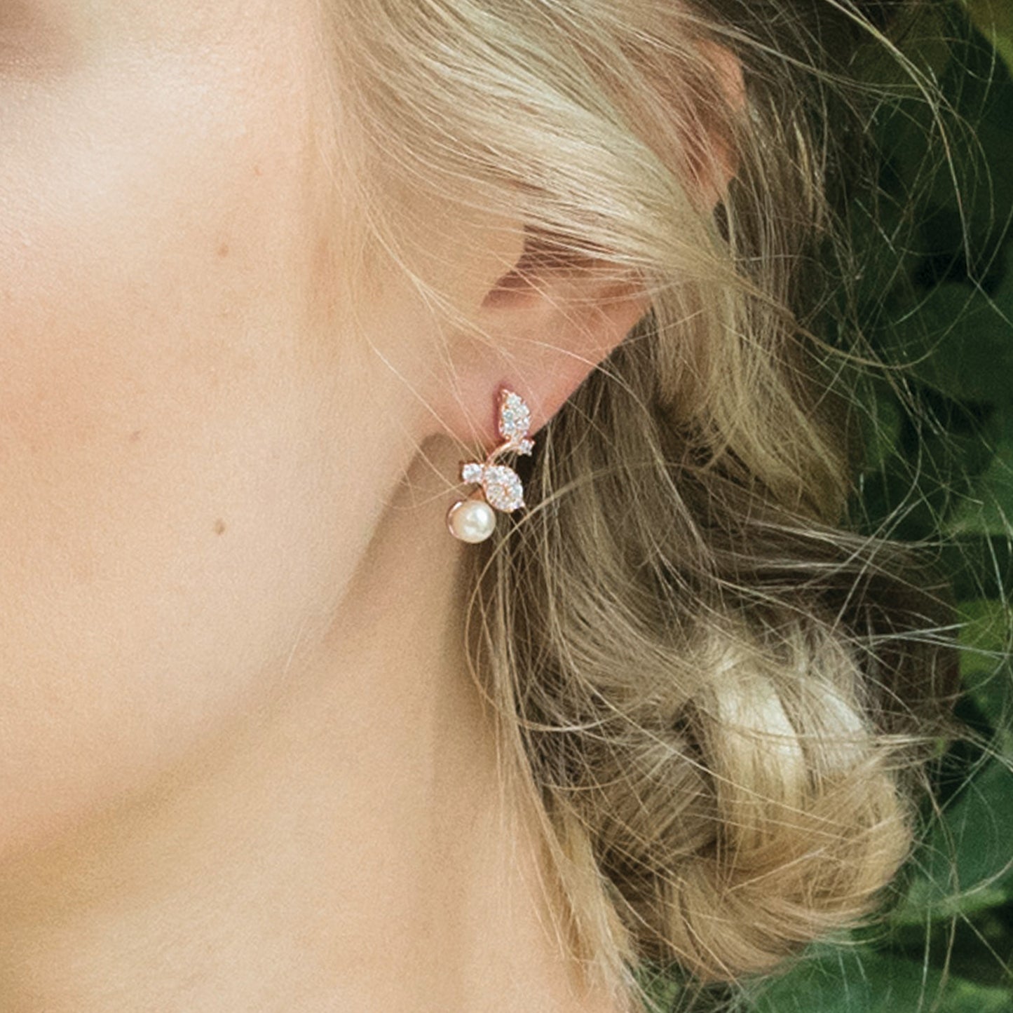 Aurora - Rose Gold Crystal and Pearl Leaf Earrings