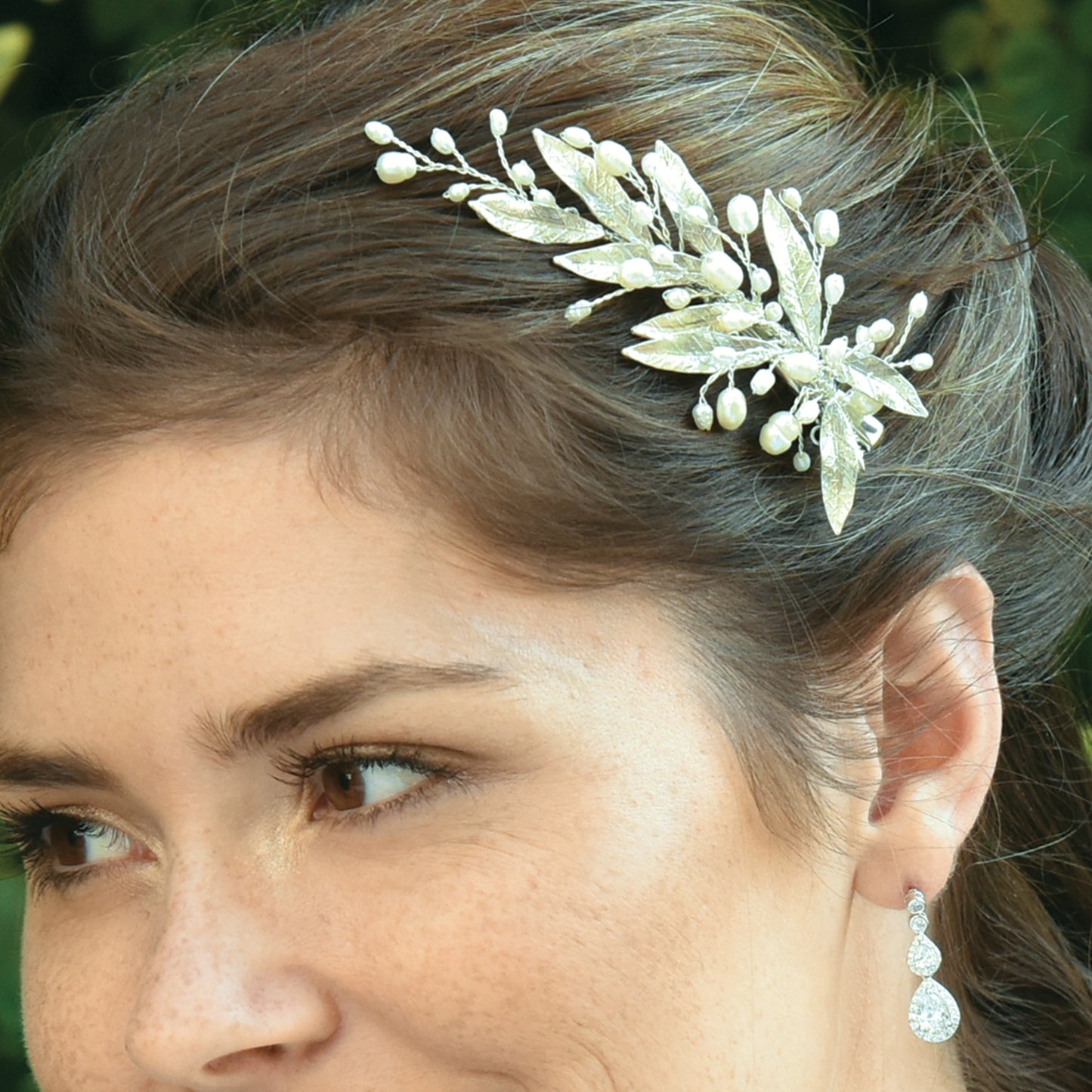 Alisha - Silver Crystal and Pearl Enamelled Willow Leaf Clip