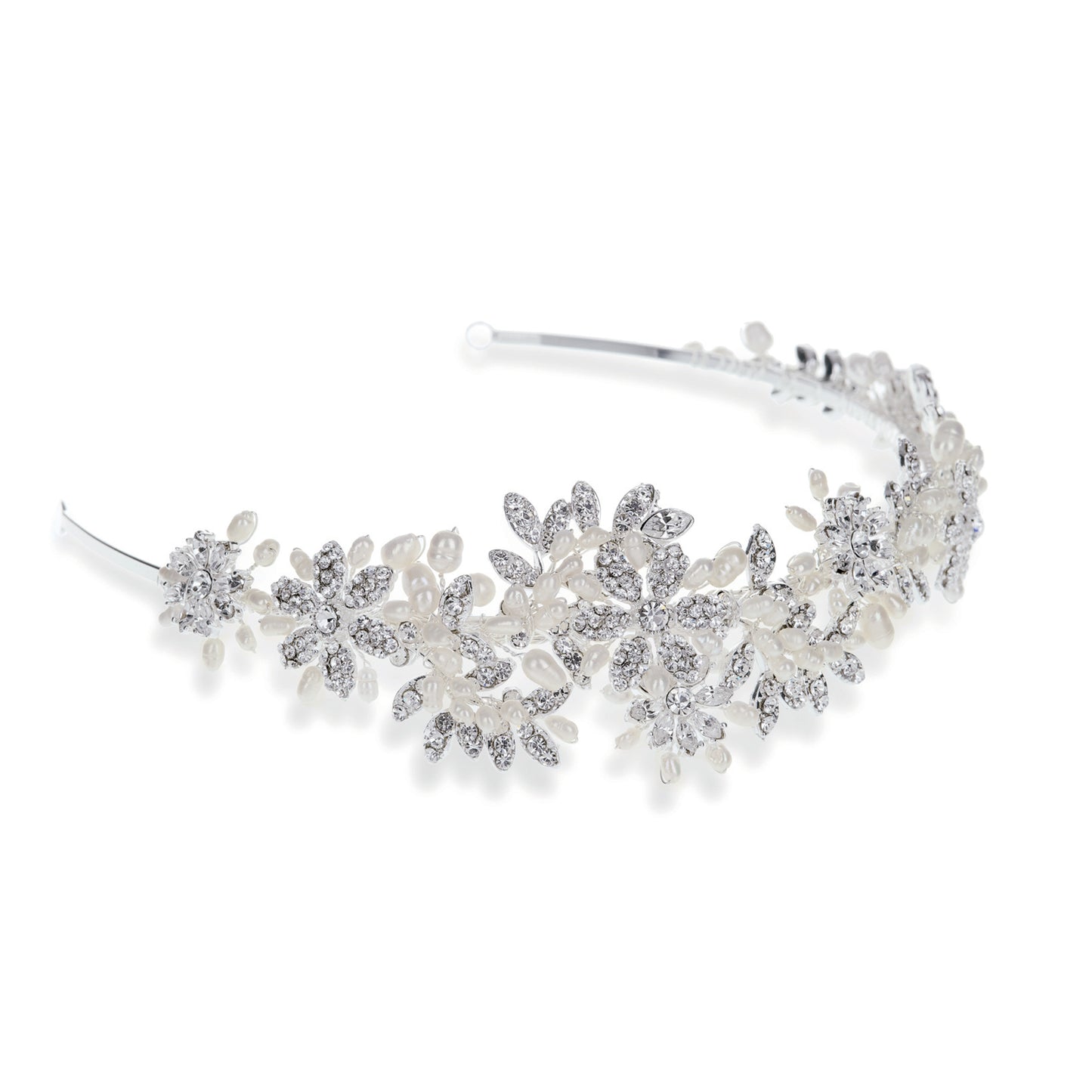 Brittell - Silver Crystal and Pearl Flower Cluster Headpiece