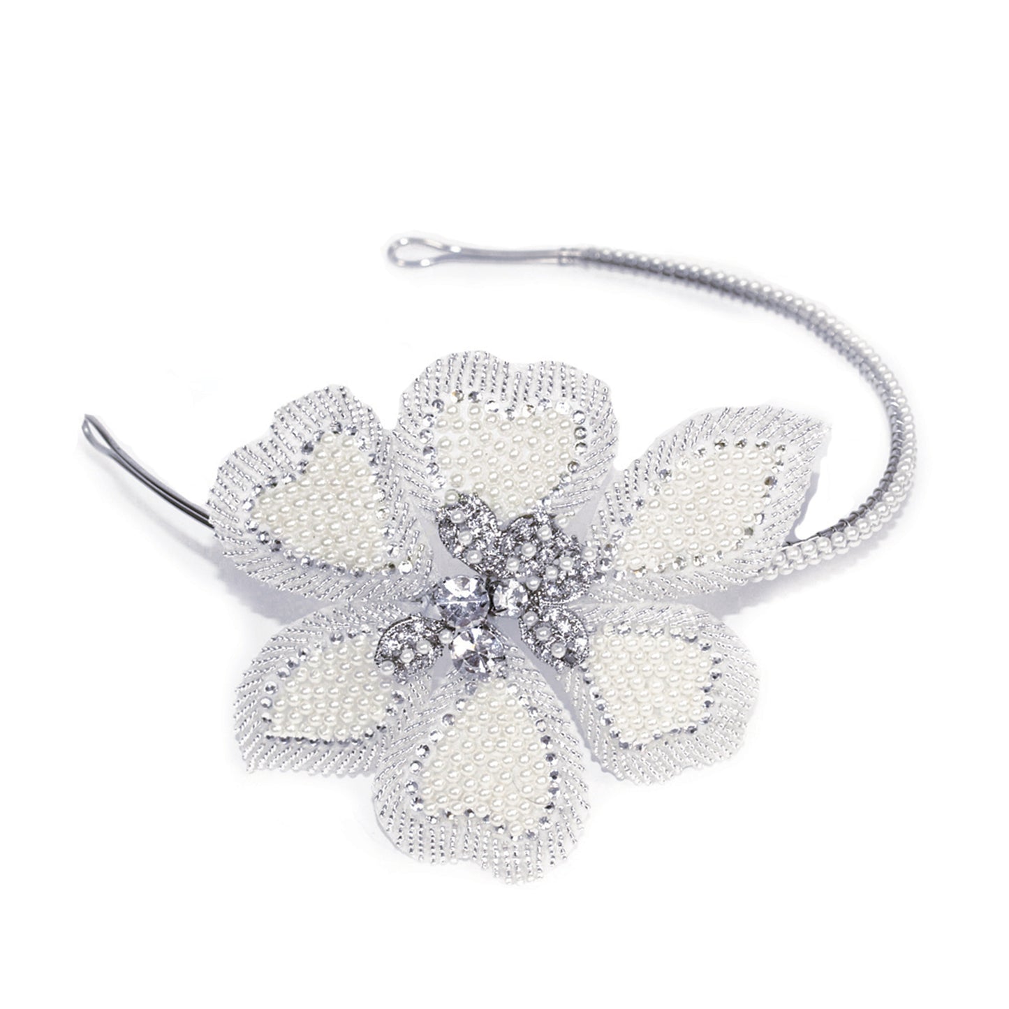 Charl - Rhodium Crystal Beaded and Pearl Retro Flower Headpiece