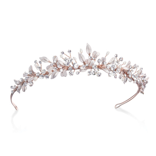 Eve - Rose Gold Crystal and Pearl Leafy Enamelled Tiara