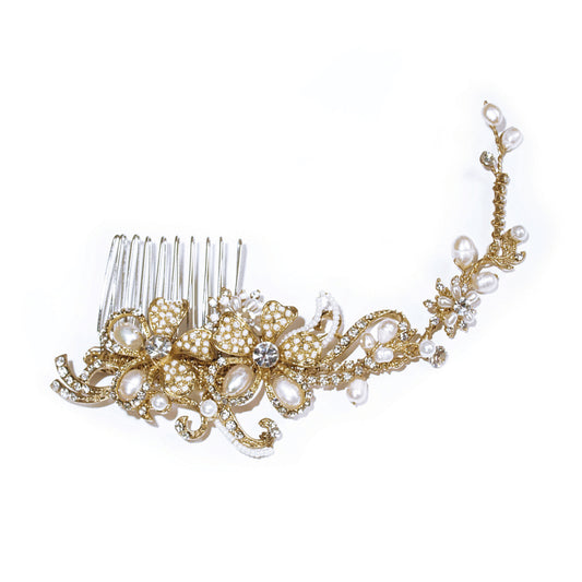 Gold Queen - Pearl Crystal Scroll Comb