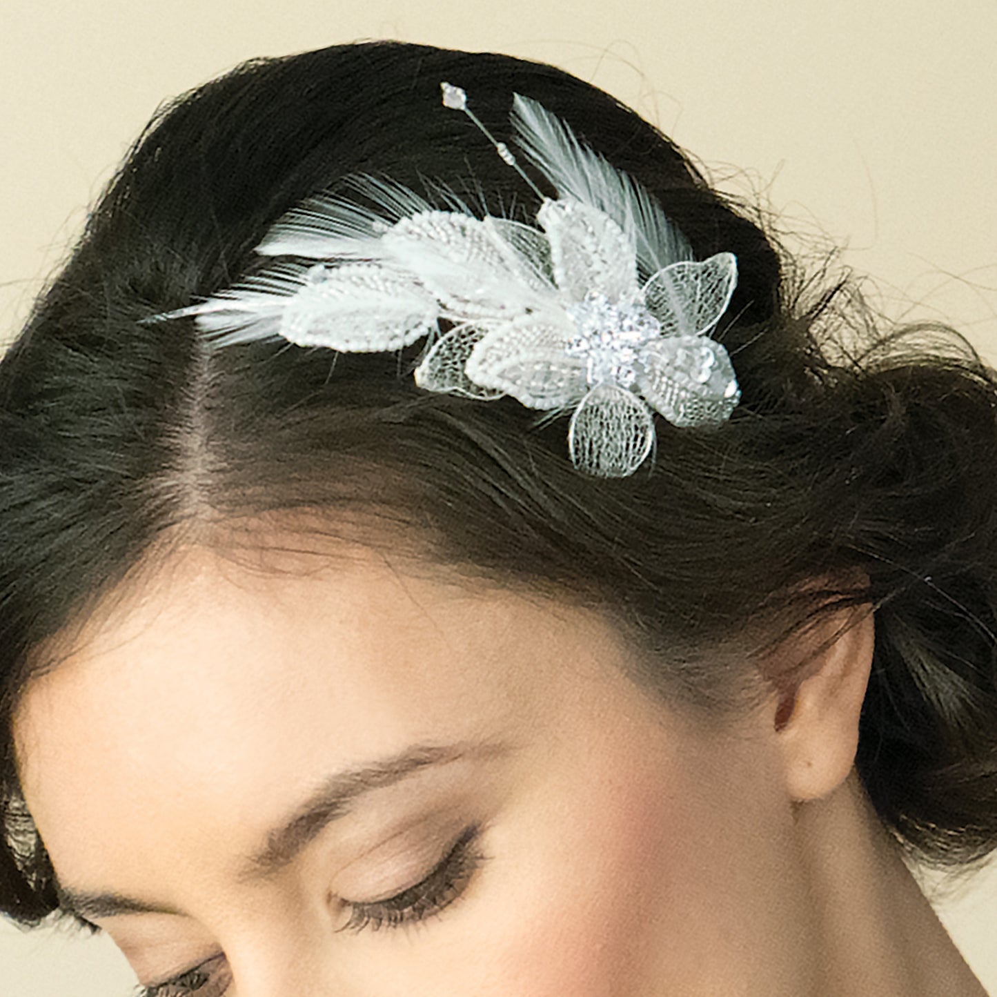 Layla - Silver Crystal Feather Flower Headpiece