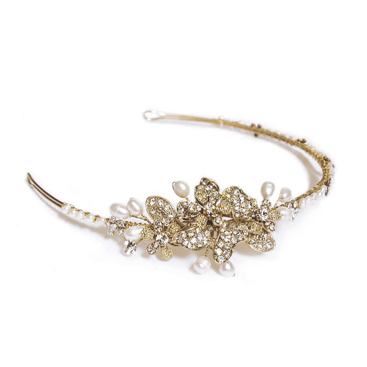 Lupe - Gold Crystal and Pearl Floral Headpiece