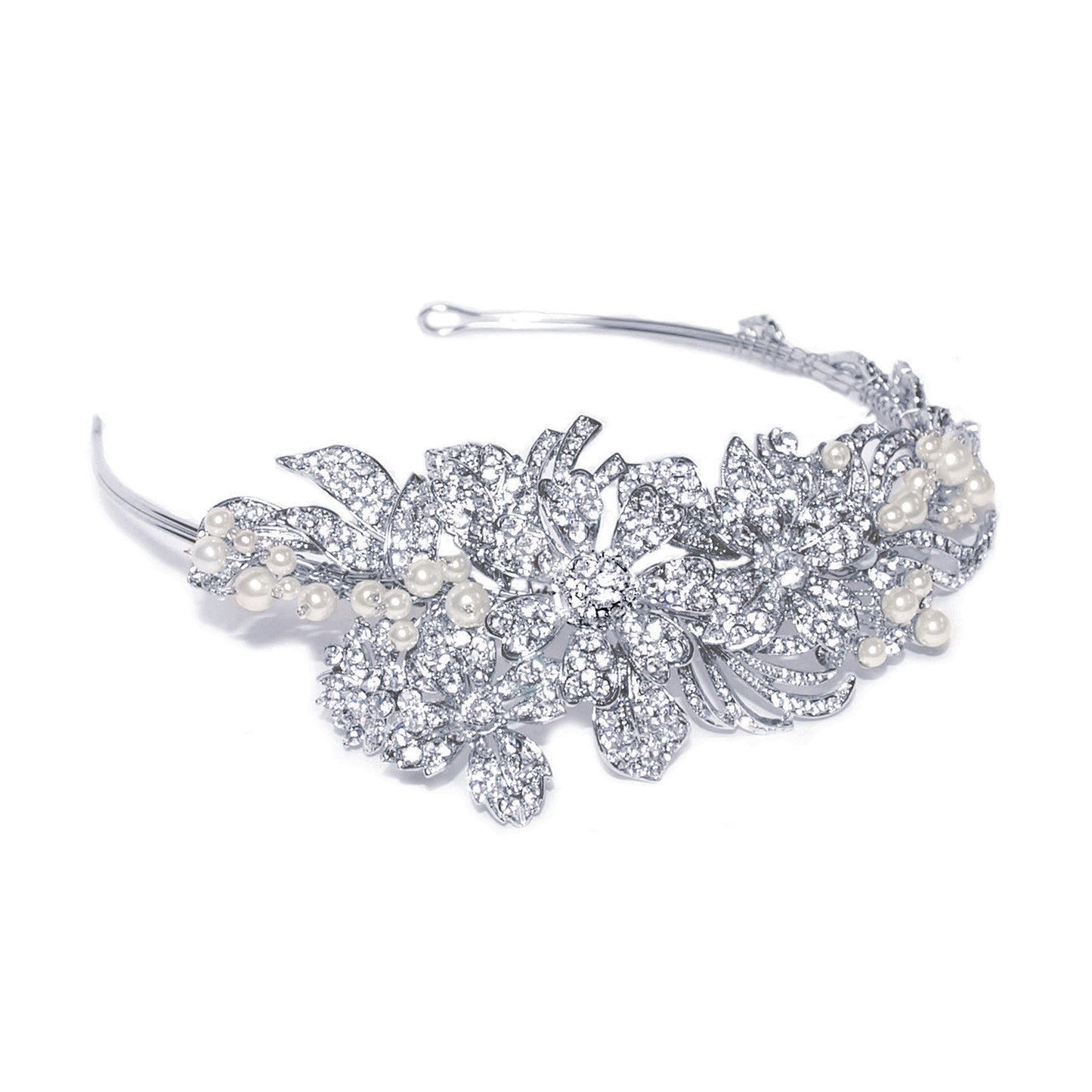 Melanie - Rhodium Crystal and Pearl Flower Blossom Headpiece