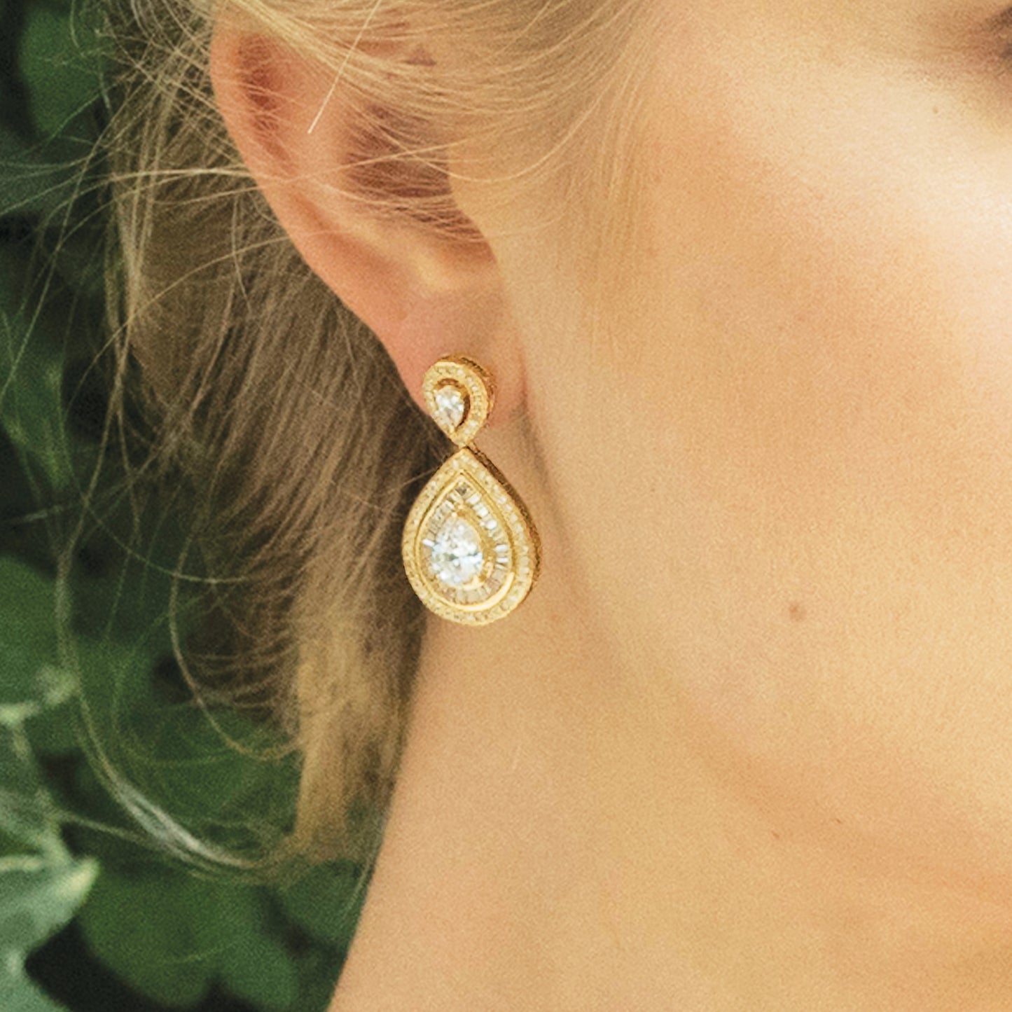 Malvie - Gold Crystal Baguette Teardrop Earrings