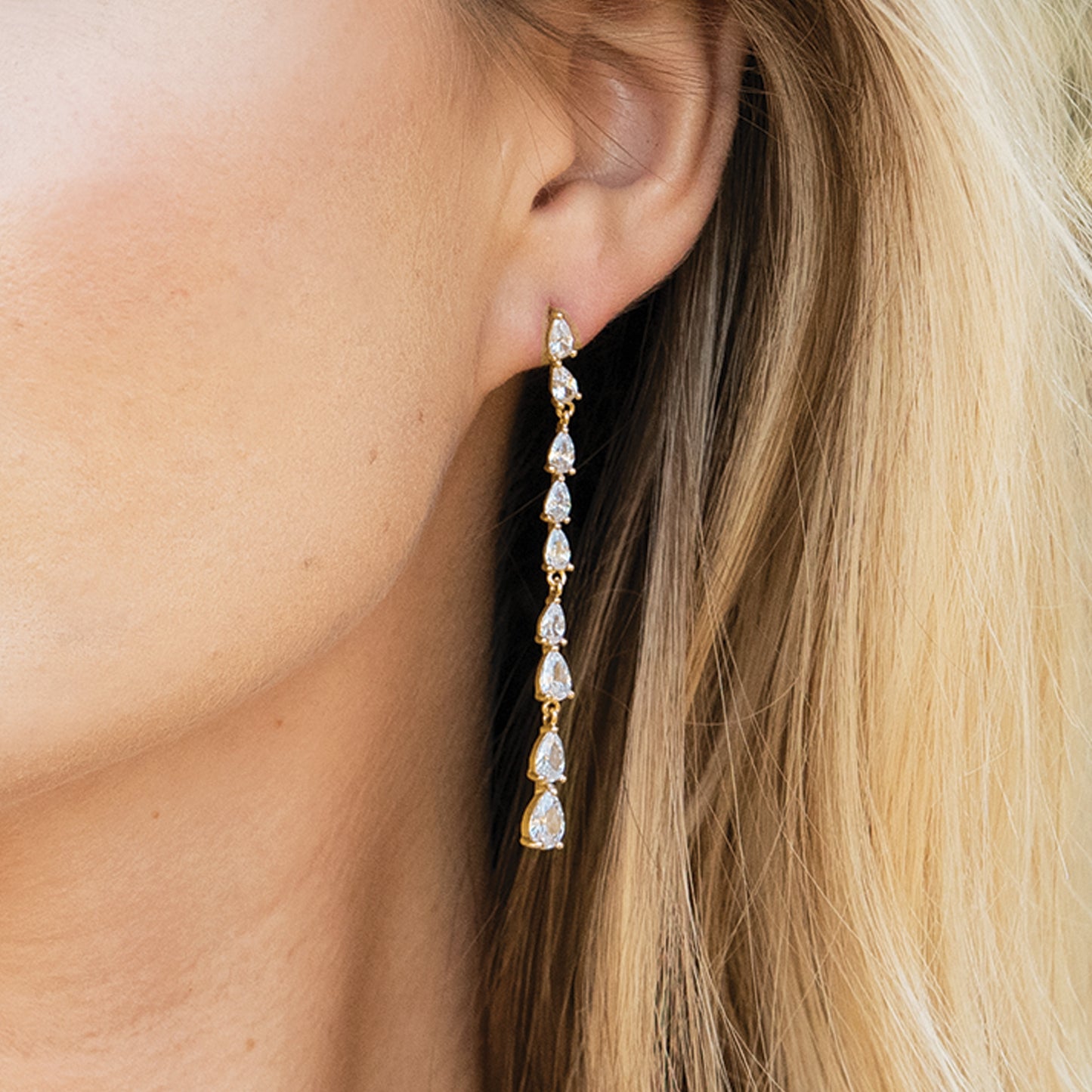 Paula - Gold Crystal Long Drop Earrings