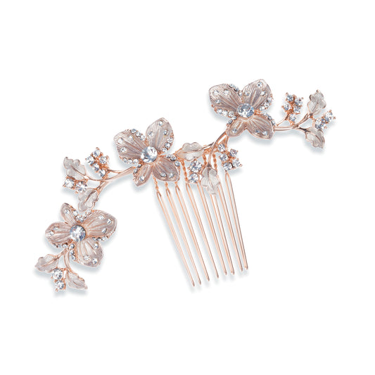 Pollyanna - Rose Gold Crystal Enamelled Floral Fairytale Comb