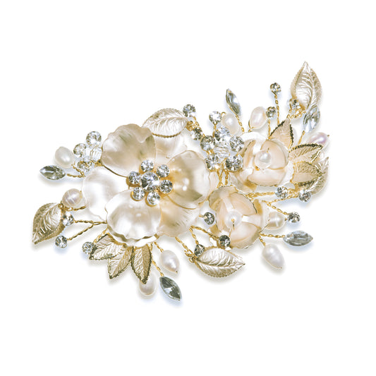 Sunflower - Gold Crystal and Pearl Floral Enamelled Clip