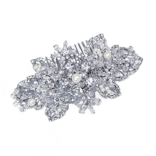 Taryn - Rhodium Crystal and Pearl Cluster Comb