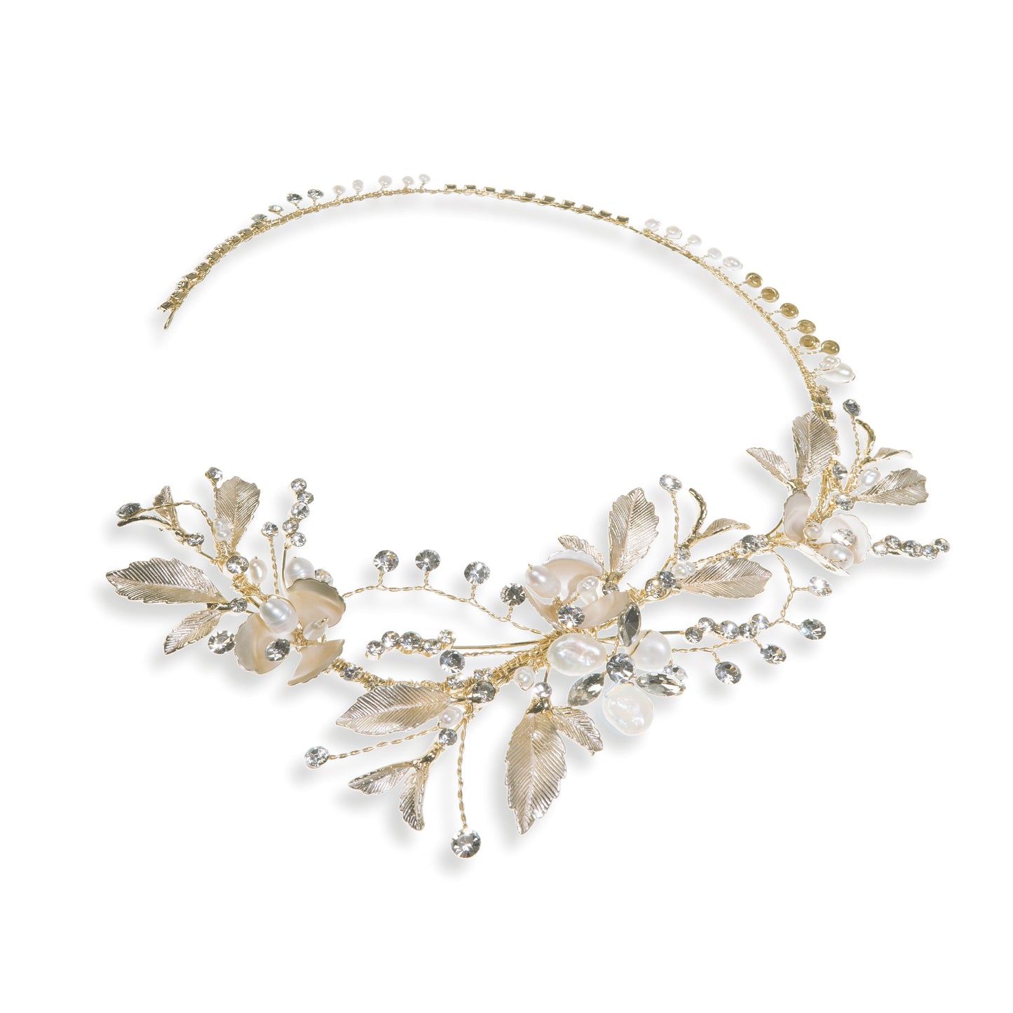 Vivian - Gold Crystal and Pearl Enamelled Leafy Hair Vine