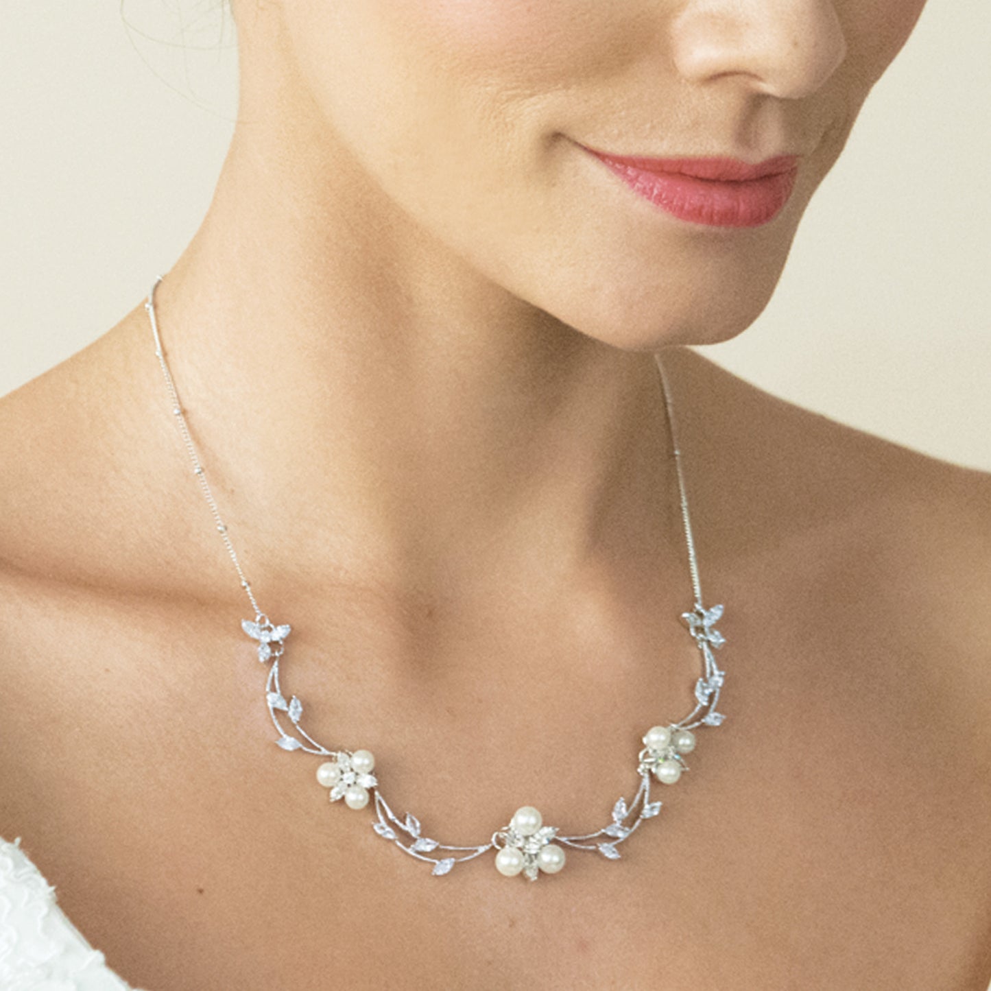 Wedelia Pearl - Rhodium Crystal and Pearl Floral Necklace