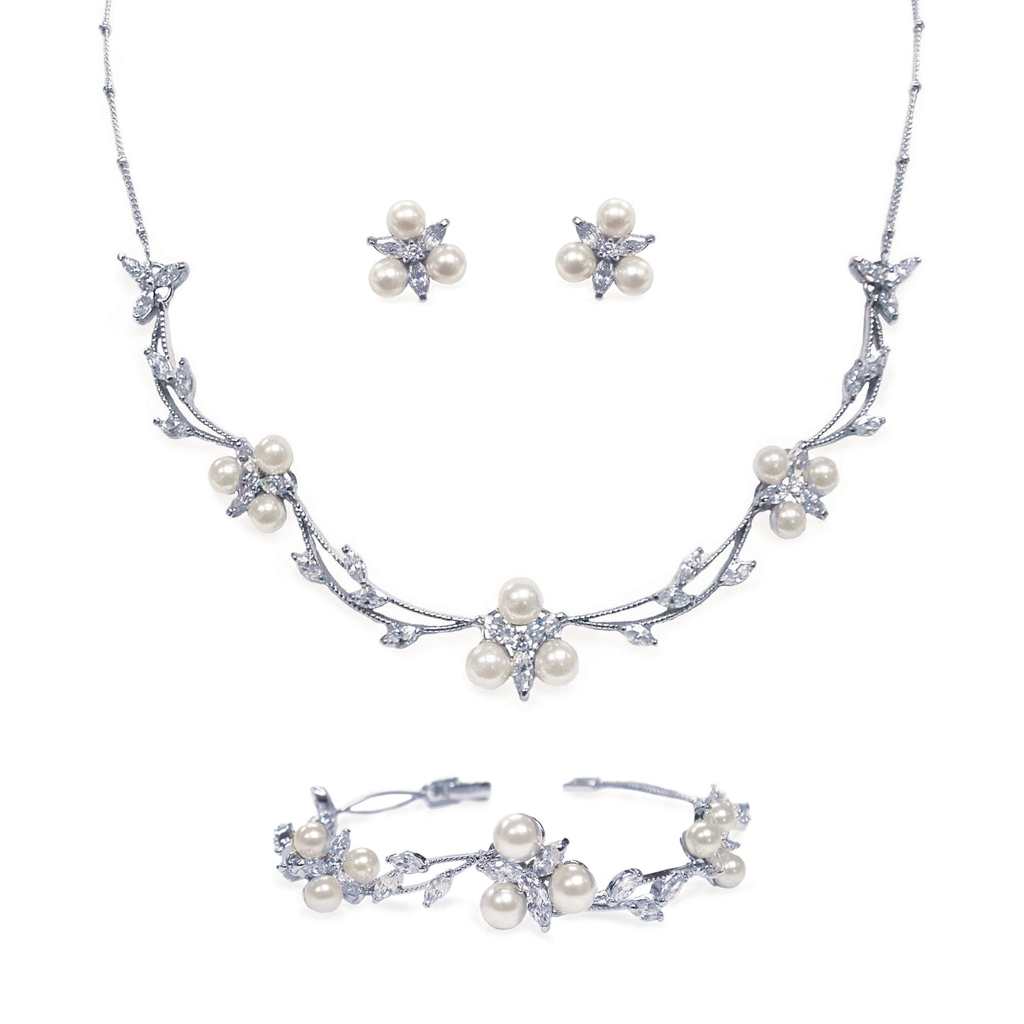 Wedelia Pearl - Rhodium Crystal and Pearl Floral Necklace Set